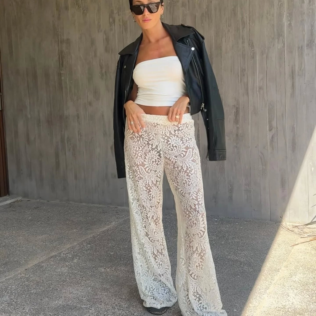 Perspective lace sexy wide-leg pants babes ins wind hollow trousers