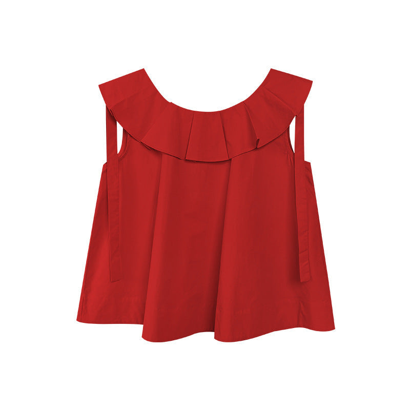 Women's Ruffle Lotus-Leaf Collar Lace-Up Sleeveless Cotton Top
