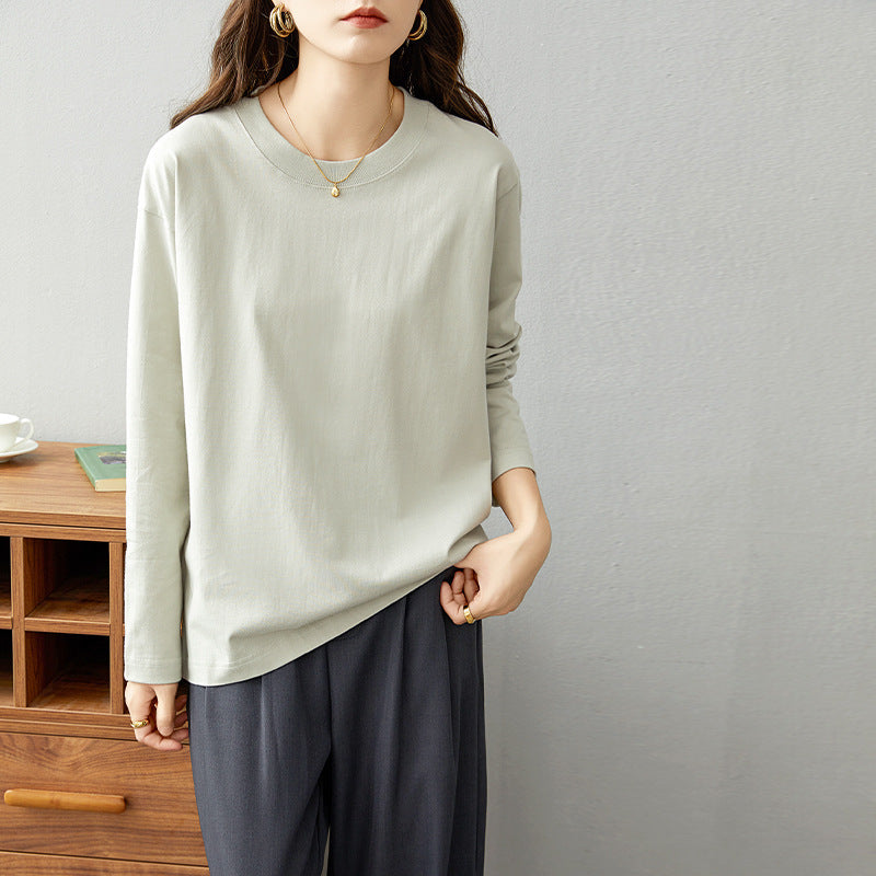Pure Cotton Long Sleeve T-Shirt Women Round Neck Base Layer Casual Top