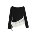 Lace Splicing Long Sleeve Slash Shoulder T-Shirt Top