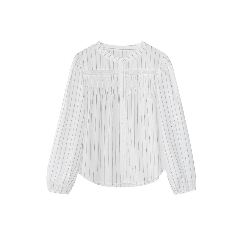 Fashion foreign style age-reducing round neck vertical striped shirt