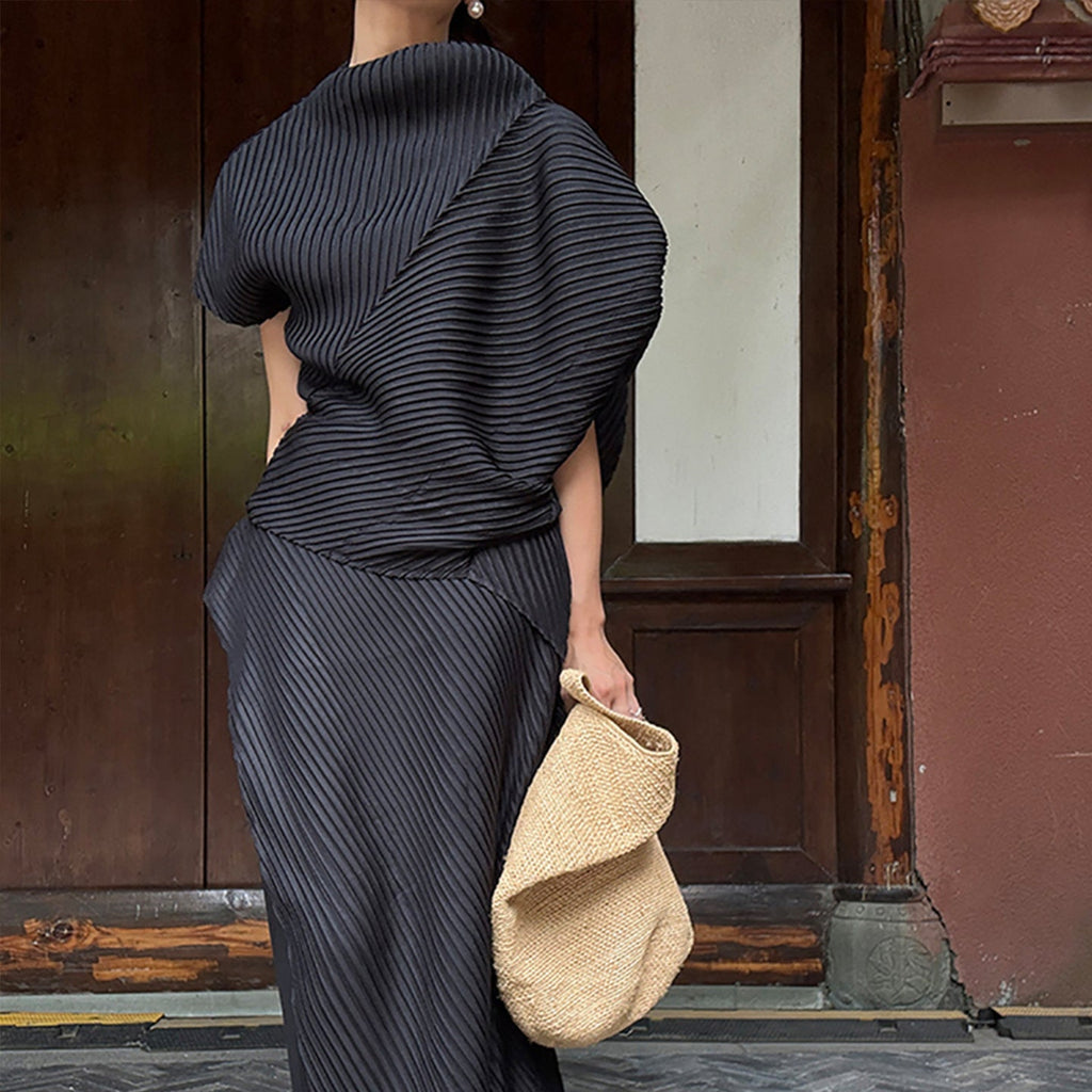 Miyake Pleated Two-Piece Set Women Minimalist Irregular Top and Skirt