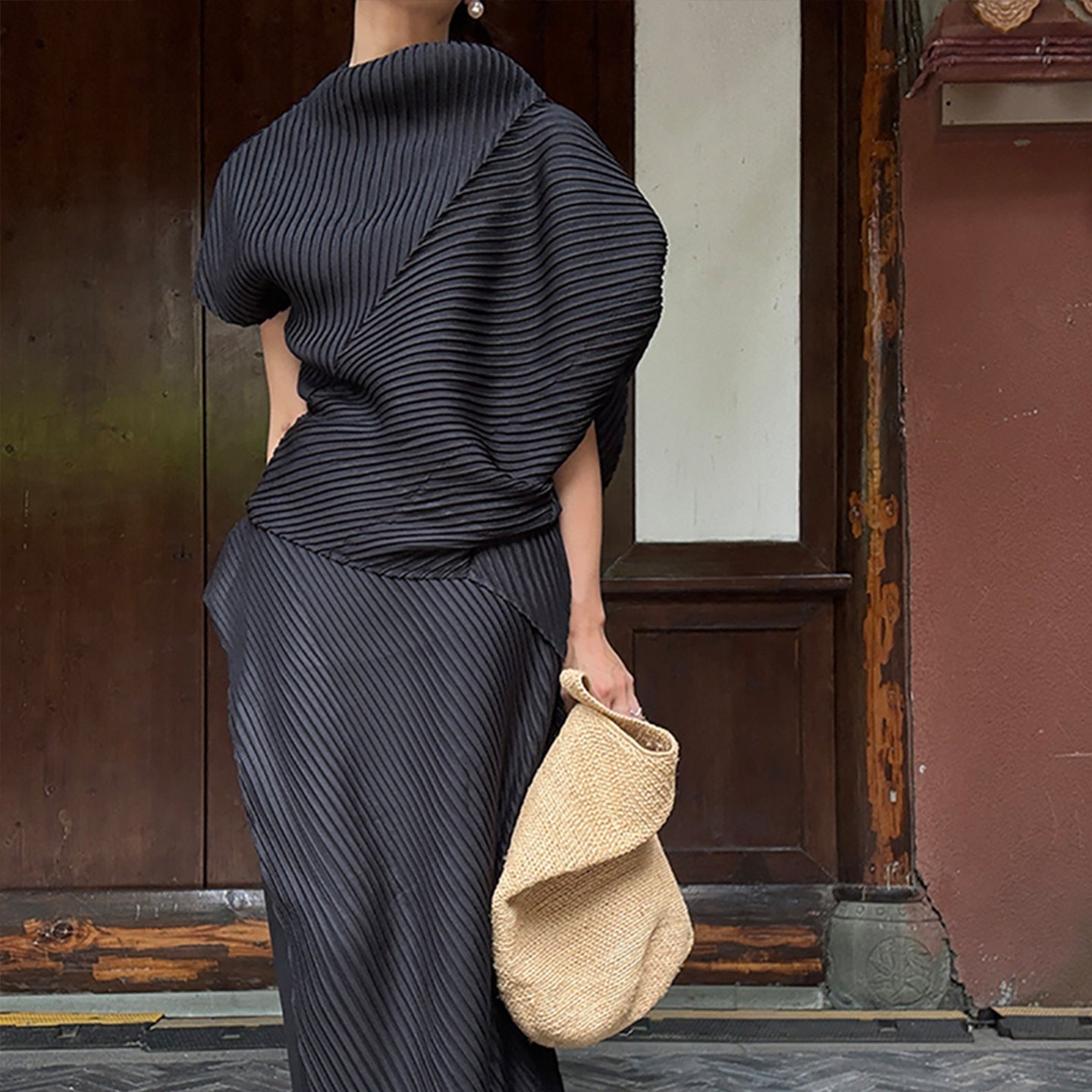 Miyake Pleated Two-Piece Set Women Minimalist Irregular Top and Skirt