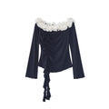 French pure lace one-word collar sexy backless bottoming shirt for women