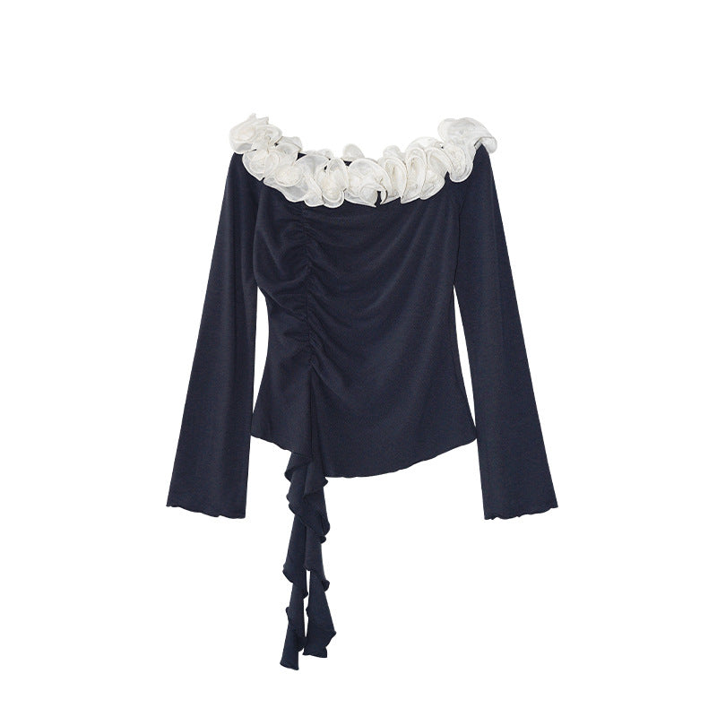 French pure lace one-word collar sexy backless bottoming shirt for women