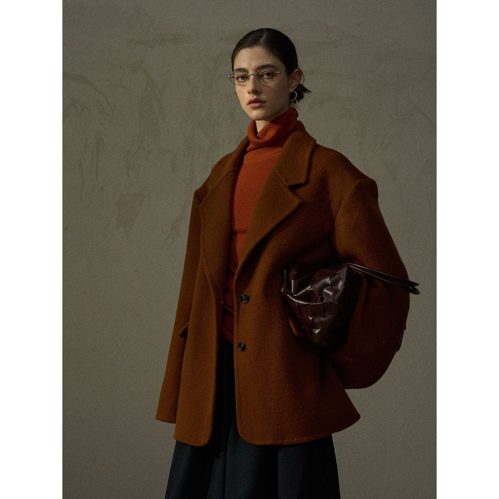 Winter long hairy feel imitation camel wool wide shoulder retro woolen blazer