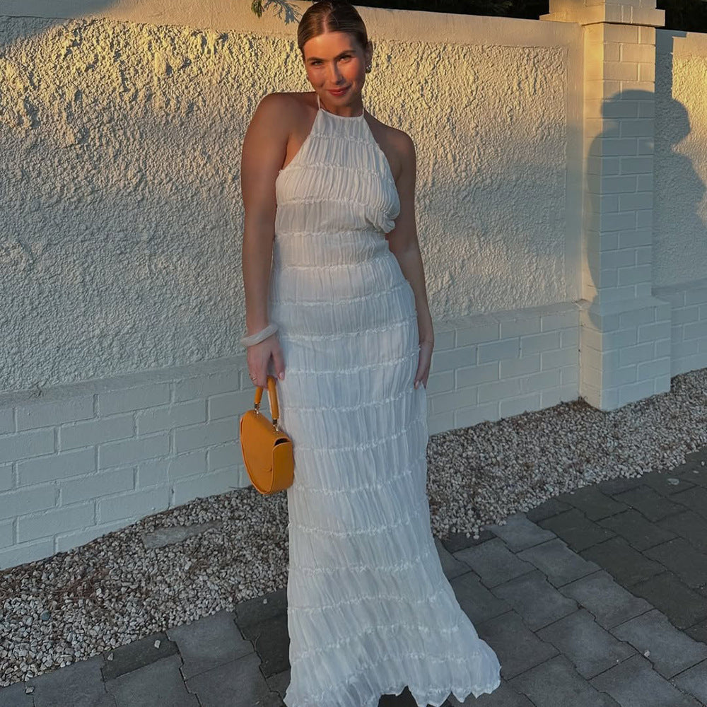 Sexy pleated lace floor-length resort style dress