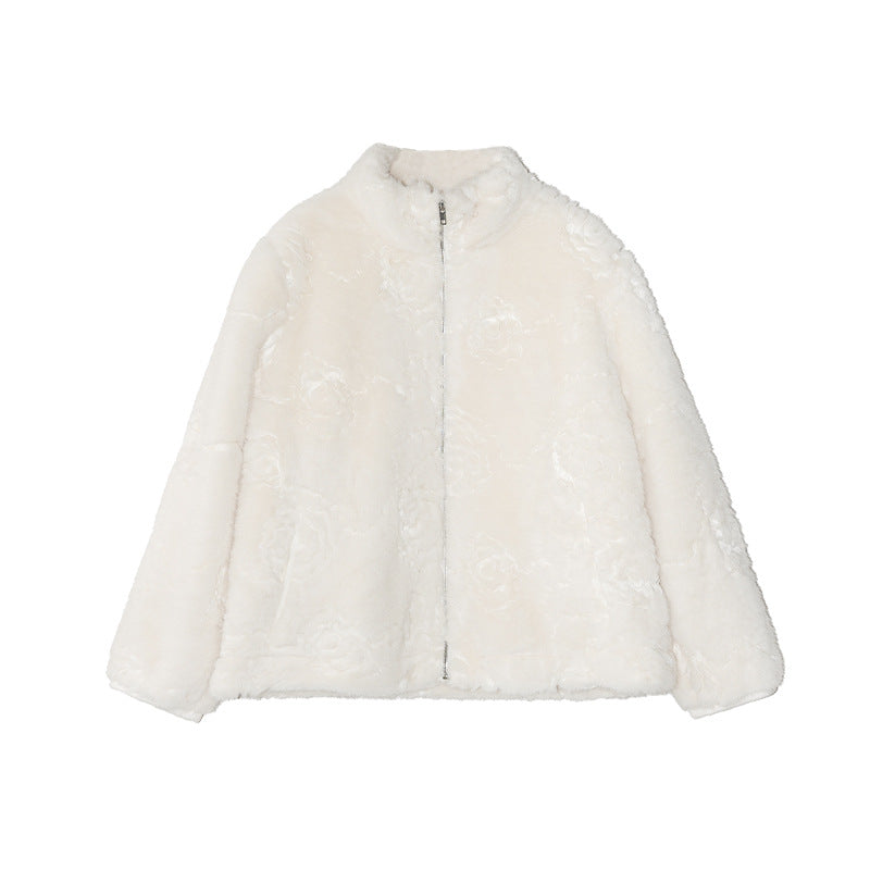 Fur integrated thermal stand-up collar plush short jacket