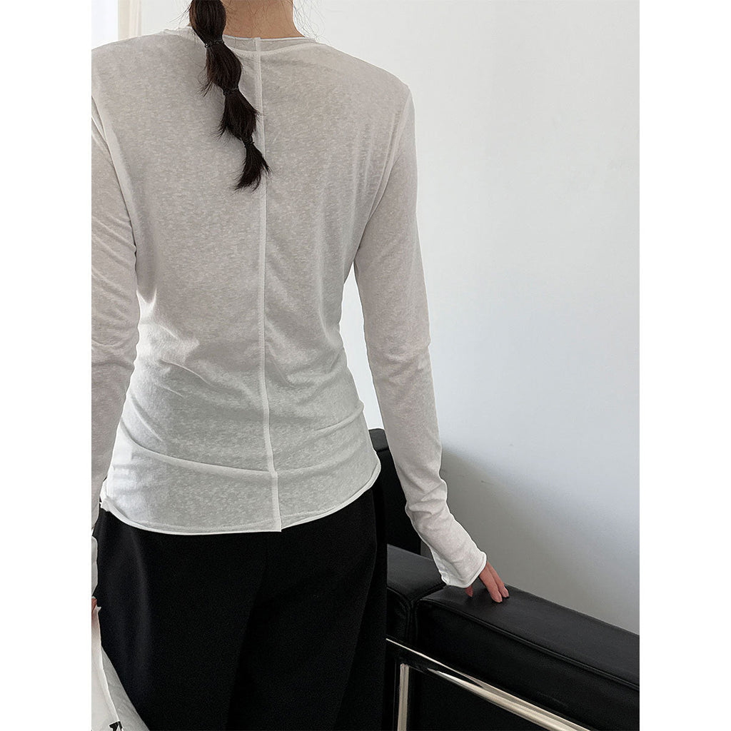 Korean versatile curled round neck T-shirt bottoming shirt women's autumn new long-sleeved slim-fit top