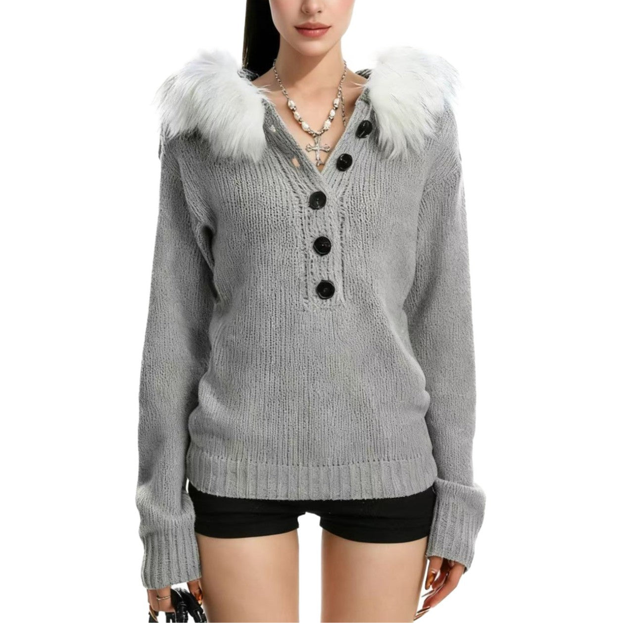 Spice Girl Removable Fur Collar Henry Collar Sweater Women's Autumn Skinny Waist Hooded Knitted Sweater Top