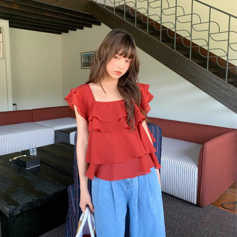 French sweet age-reducing thin loose square neck ruffle edge chiffon shirt