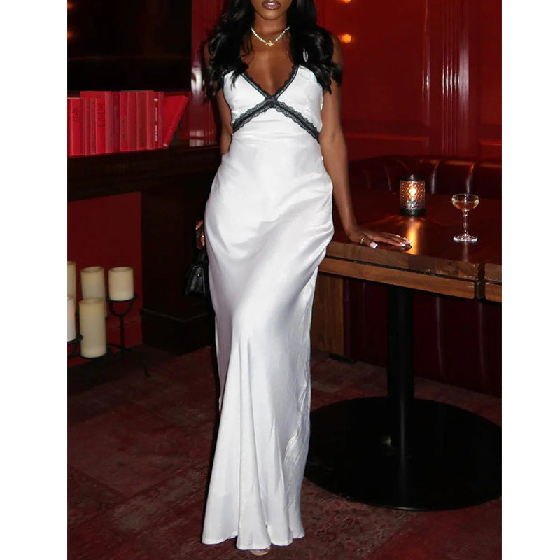 Lace Splicing Suspender Long Dress Fashion Sleeveless Satin Dress High Waist Sexy Babes