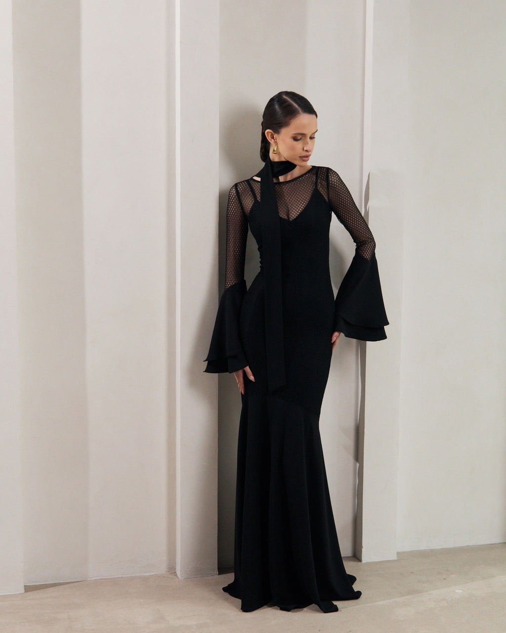 Perspective dress high waist hollow round  sexy horn sleeve hip dress
