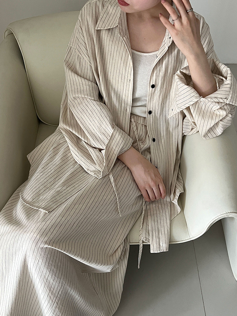 cotton and linen striped shirt + skirt of the same color