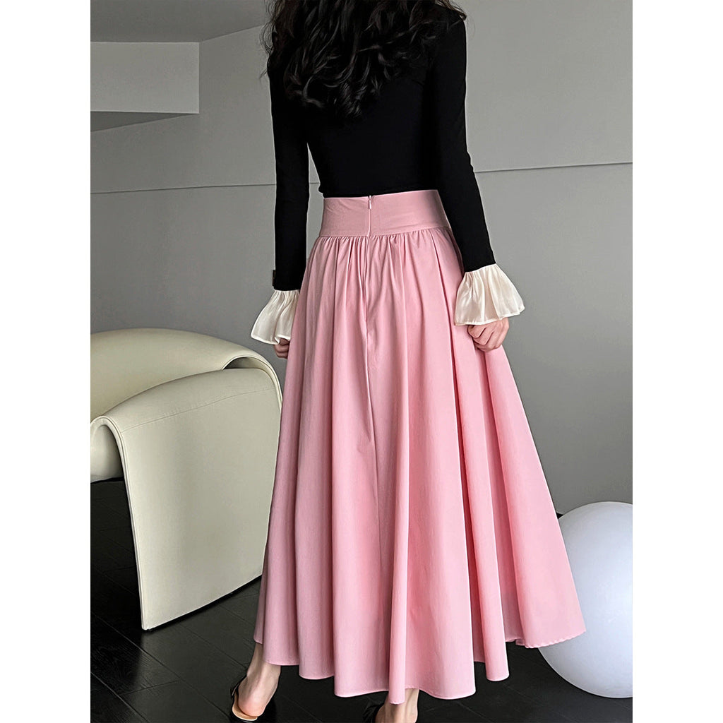 Spring new French high-end pink skirt A-shaped pleated skirt