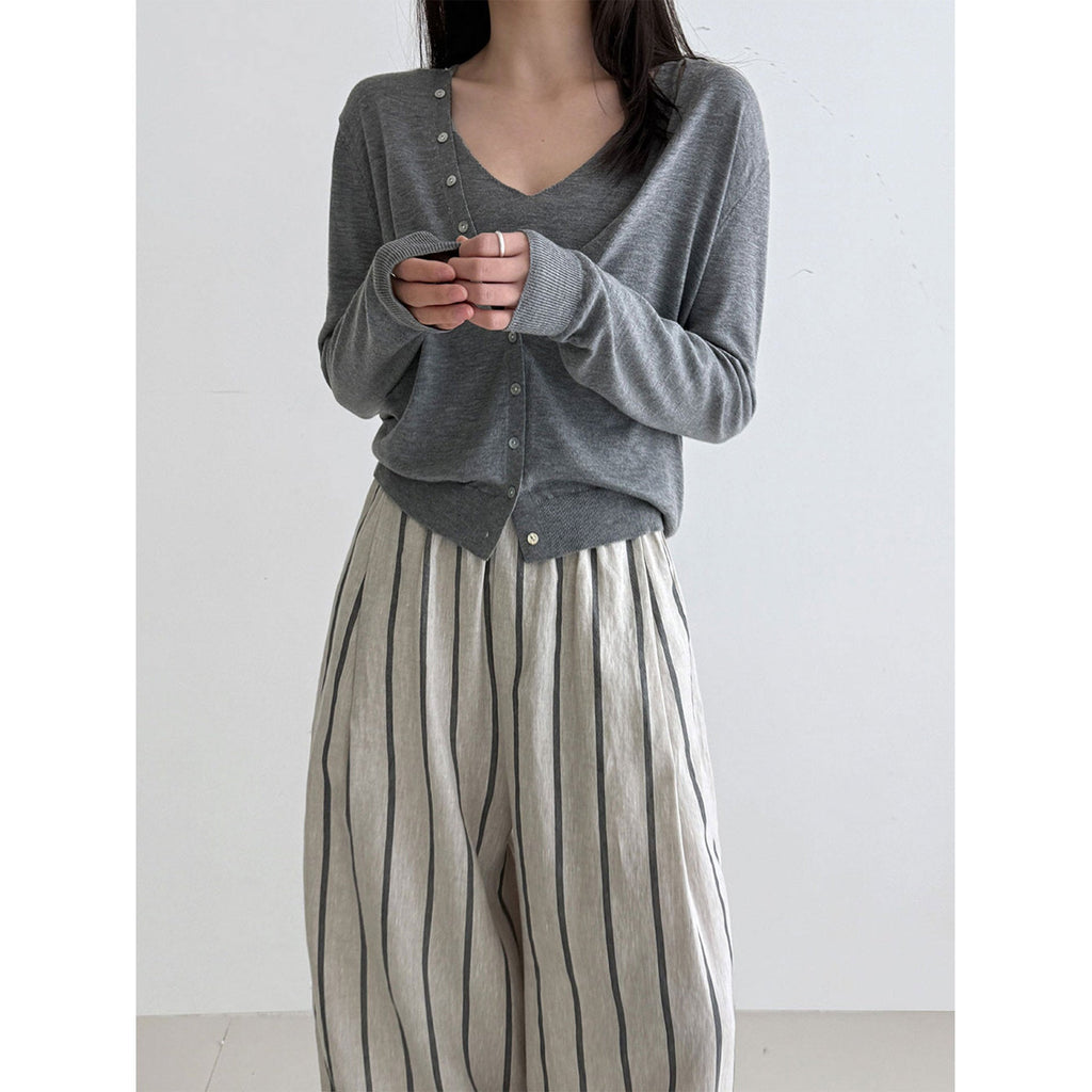Japanese retro linen crimped casual pants spring new vertical striped nine-point wide-leg pants