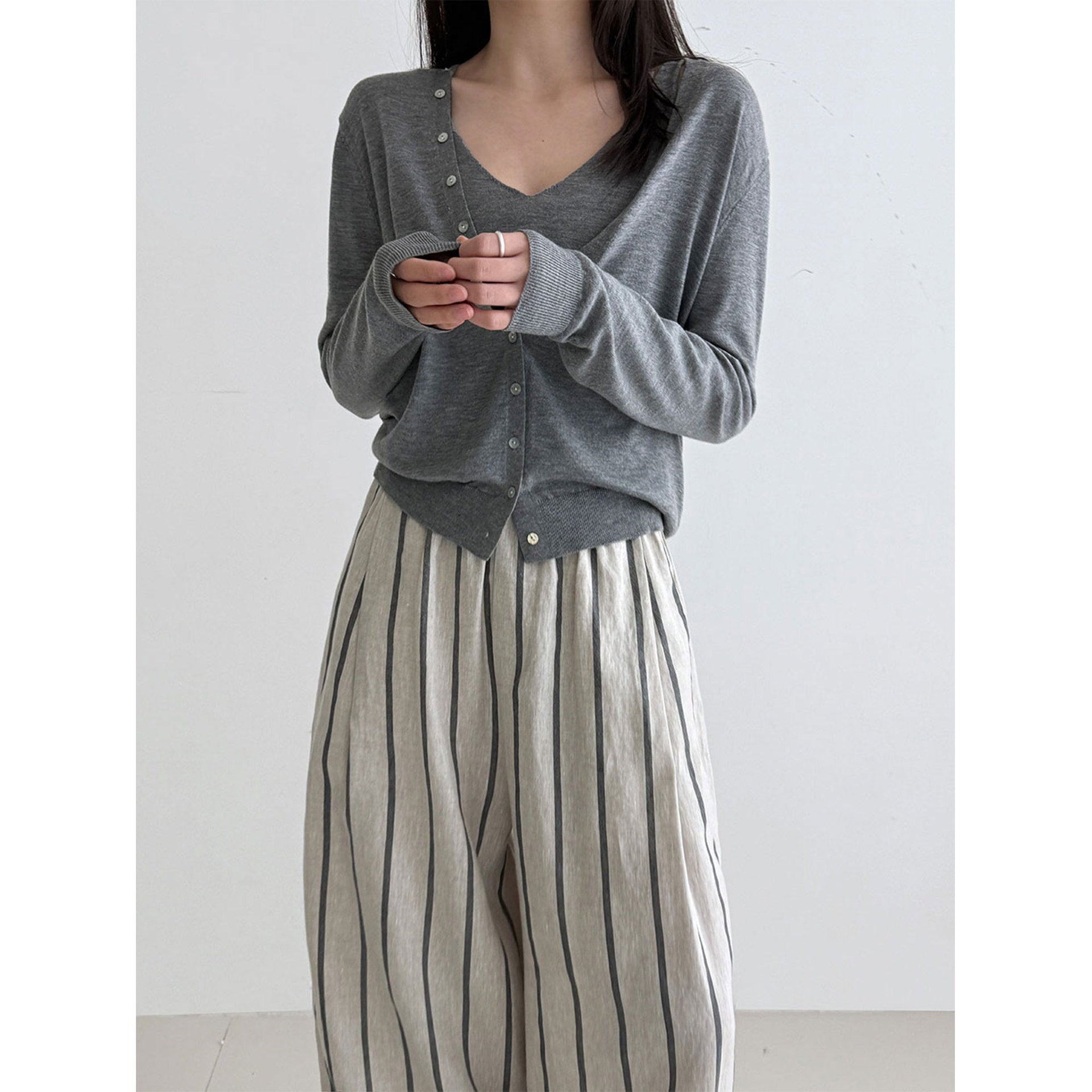 Japanese retro linen crimped casual pants spring new vertical striped nine-point wide-leg pants