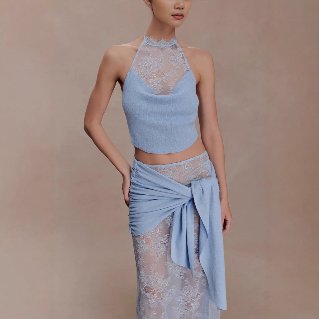 Beach vacation style sexy hollow lace skirt set swing collar top skirt two-piece set
