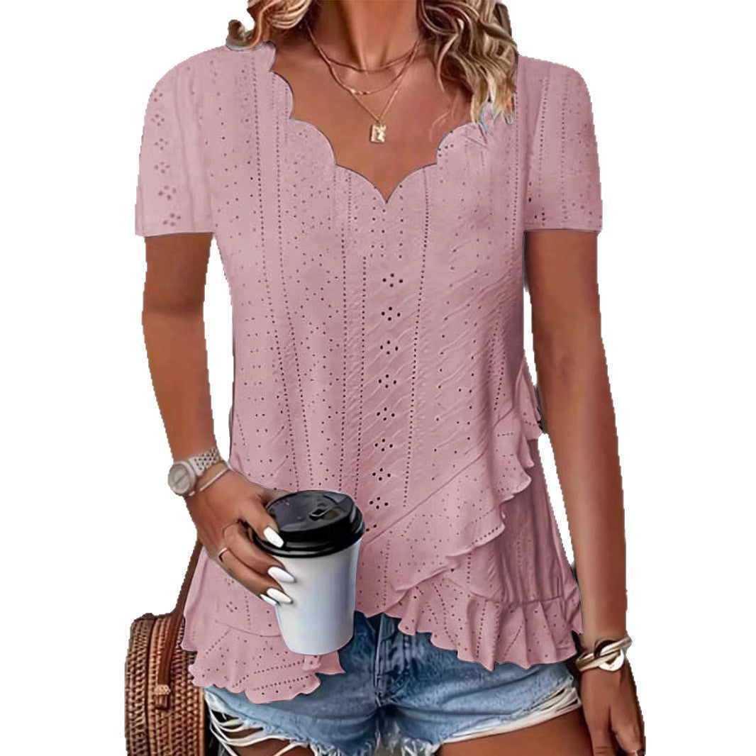 V-Neck Short Sleeve T-Shirt Women Oversized Hooded Scallop Hem Top