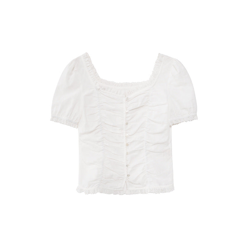 French Shirt Fungus Square Neck Chic Pleated Bubble Sleeve Shirt