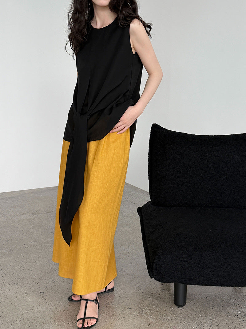 Simple retro cotton and linen skirt summer new split elastic waist straight A-shaped skirt medium and long skirt