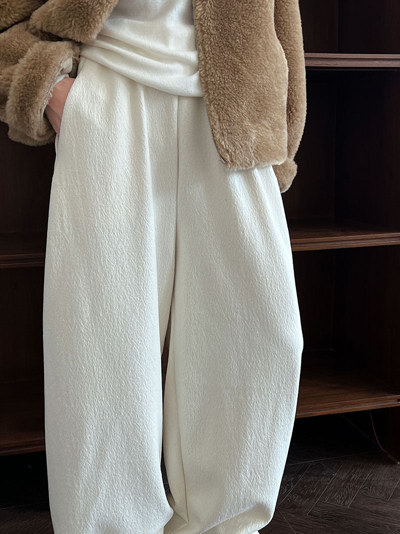 Korean wool plush texture, high-waisted elastic, casual, versatile straight-leg trousers, women's winter new style