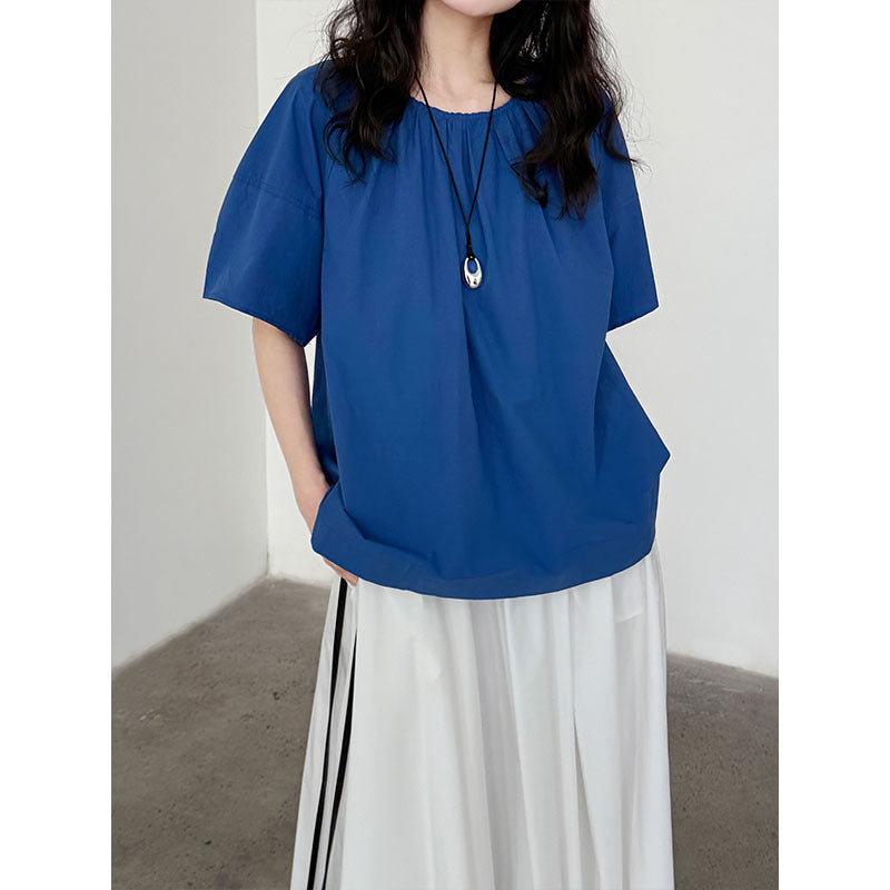Korean back strap backless age-reducing shirt summer new pleated round neck short-sleeved shirt top