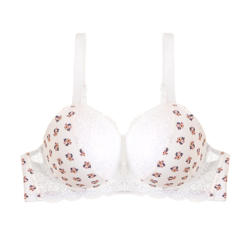 Fattened and enlarged large-size bra, printed lace gathered, supported on the top, large breasts and small women's large-breasted underwear