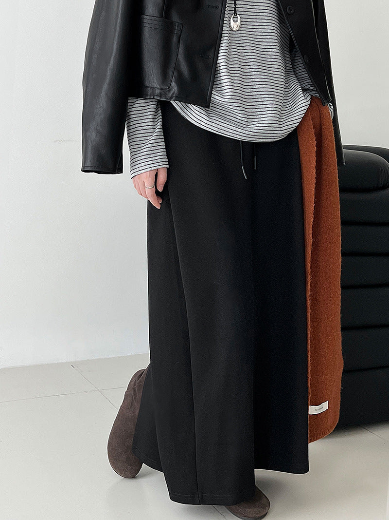 Commutingcasual lazy high waist drawstring skirt autumnew arrivaldrapedstripes slit long skirt