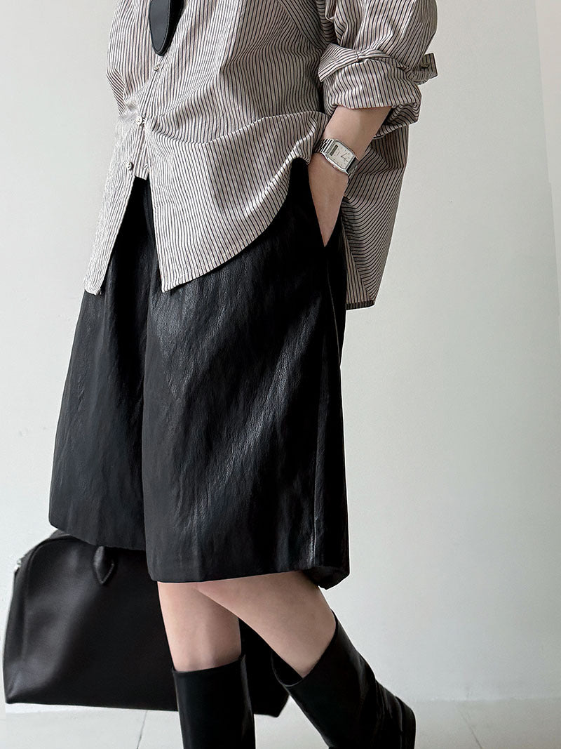 Textured casual loose five-point sports leather shorts women's autumn new thin high-waisted wide-leg shorts 3730