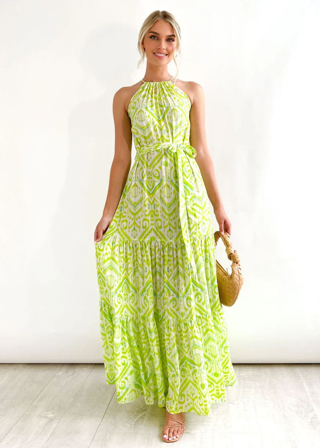 Summer new high-waisted vacation beach print neck dress