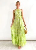 Summer new high-waisted vacation beach print neck dress