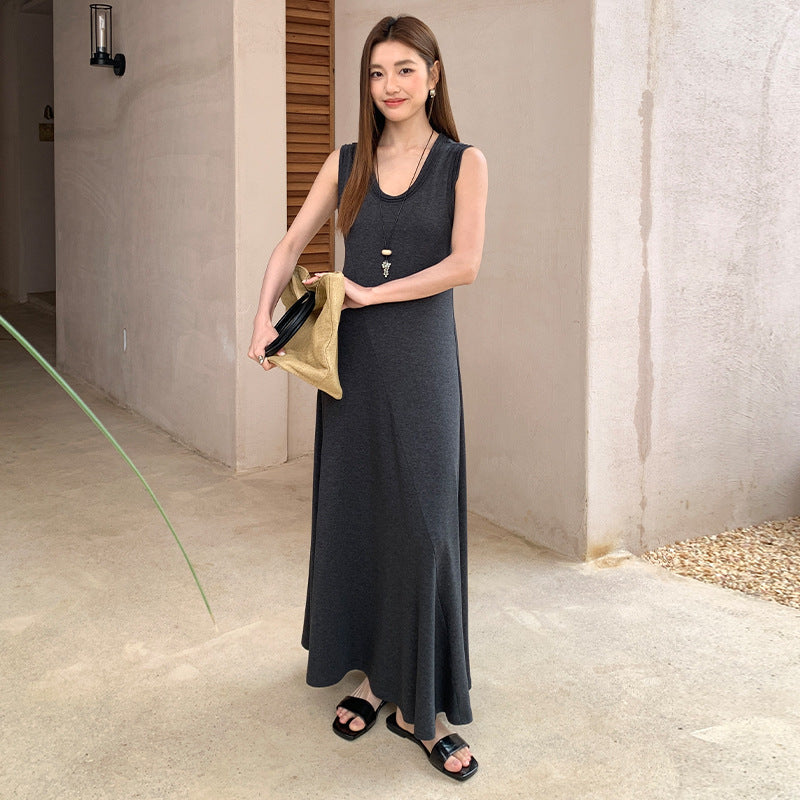 French minimalist U-neck vest dress spring and summer waist thin elastic knitted dress