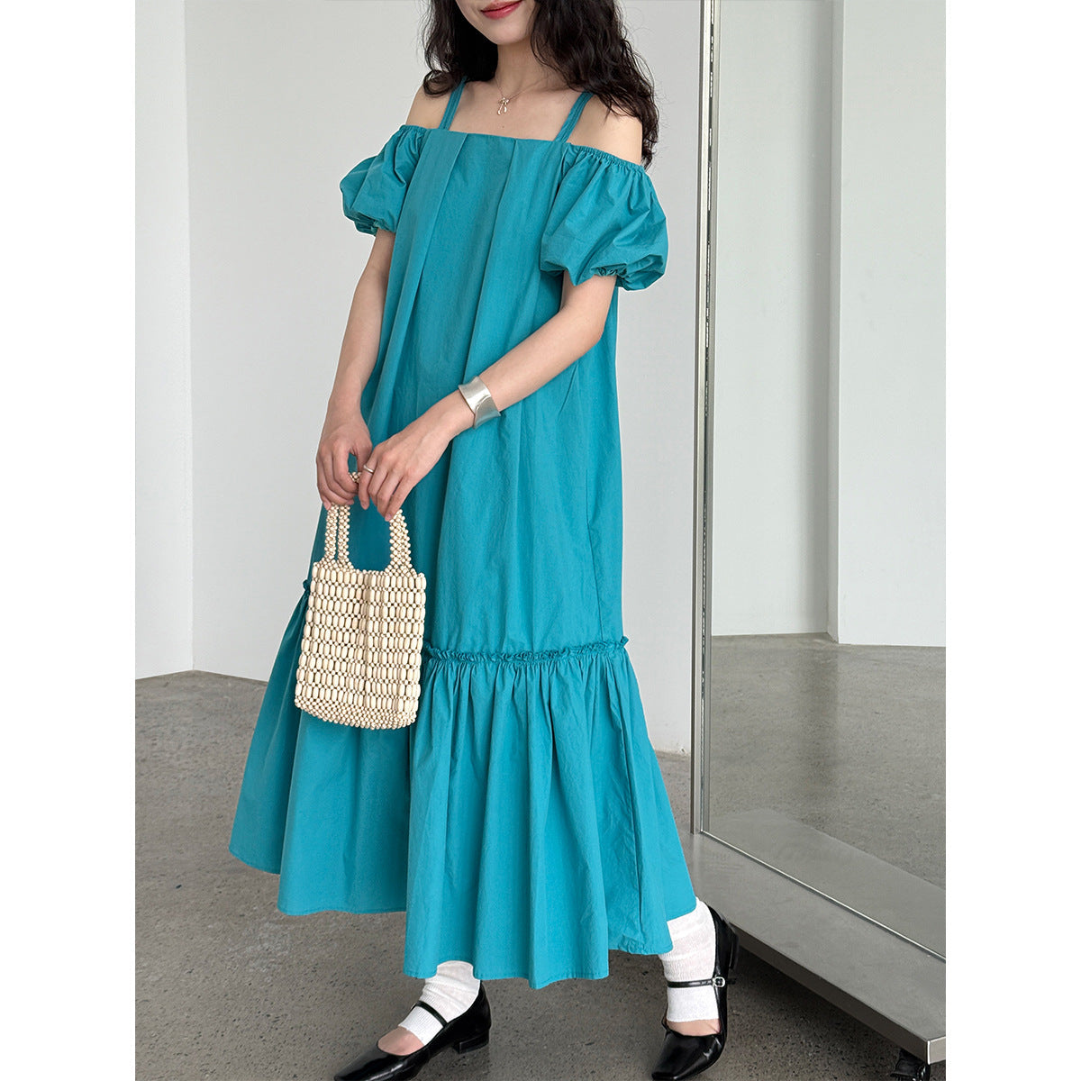 Korean version of the sweet dress summer new bubble sleeve suspender skirt one-word shoulder holiday style dress