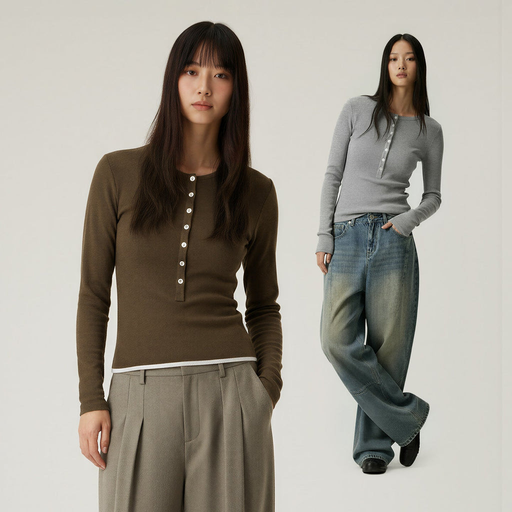 Henley Collar Slim Top Women Round Neck Long Sleeve Fitted T-Shirt