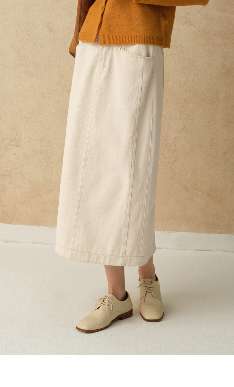 Loose round neck hoodless sweater women's classic white straight split denim skirt casual retro slim suit autumn