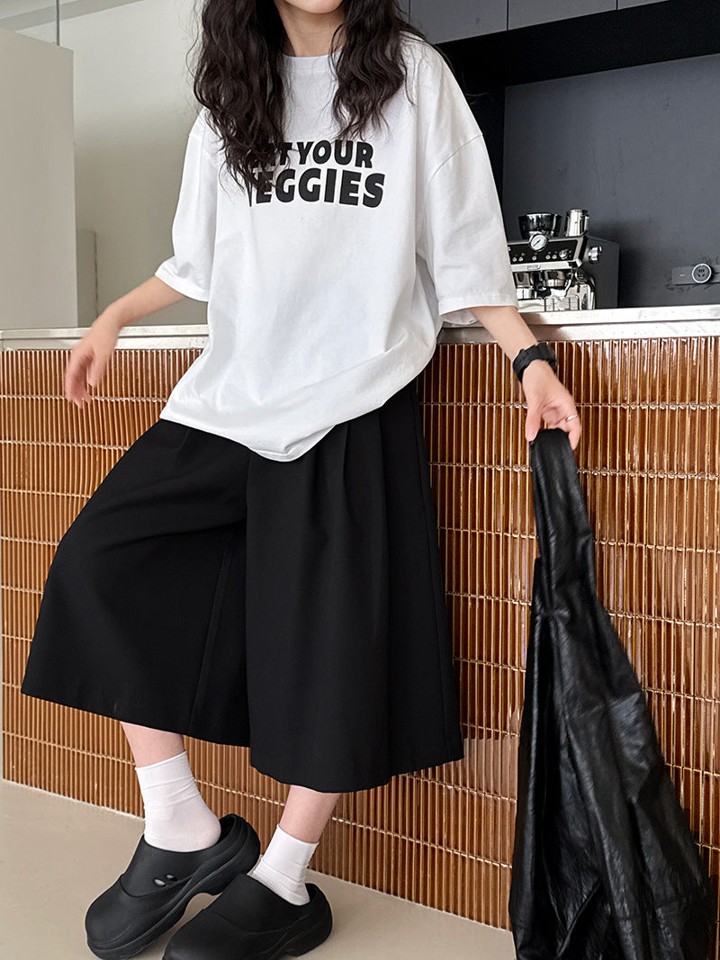 Japanese casual suit eight-point shorts summer commute pleated loose wide-leg straight-leg pants