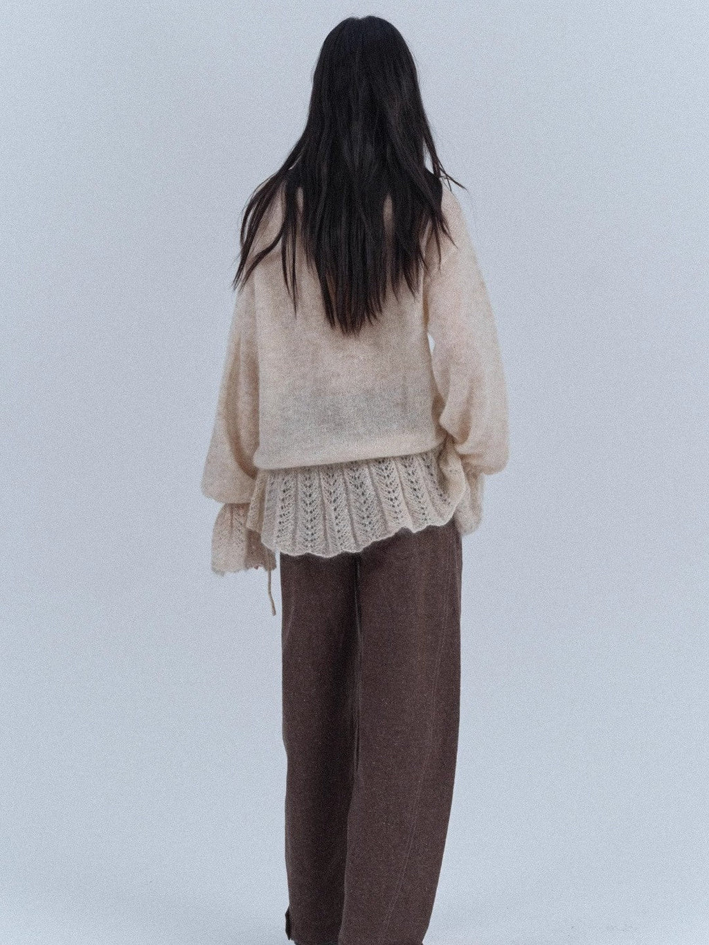Oversized Mohair Wool Cardigan | V-Neck Drawstring Pearl Button Ruffle Hem