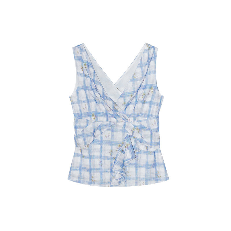 Sweet age-reducing plaid v-neck sleeveless sling top
