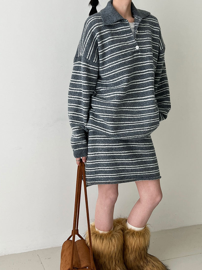 Korean lapel striped knitted sweater + skirt set autumn and winter loose lazy sweater