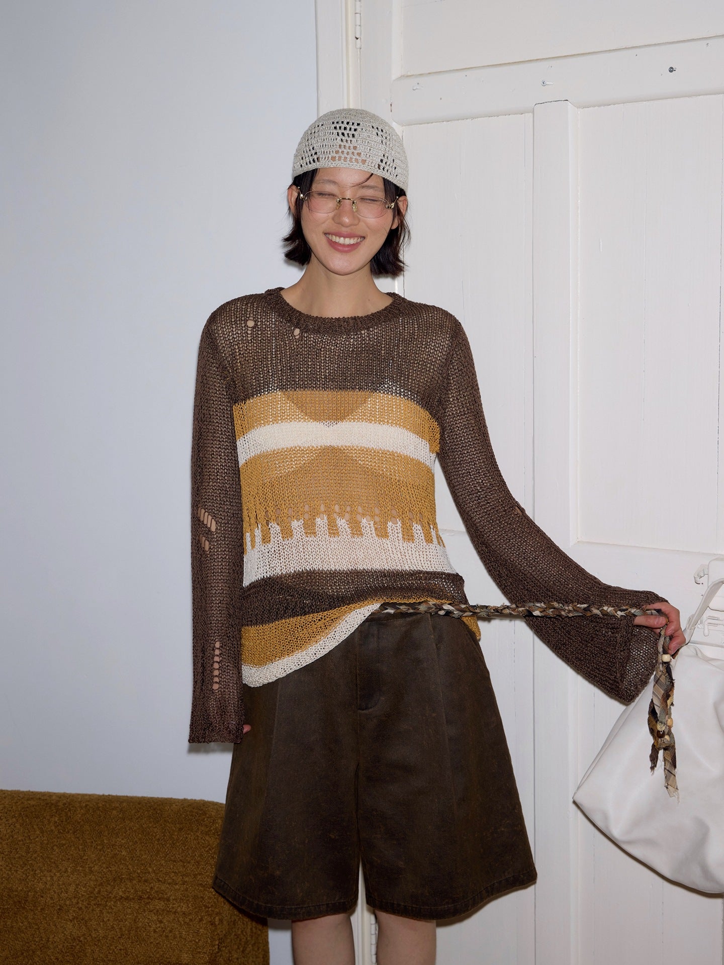Contrasting color hollow sunscreen knitted sweater literary loose stacking top