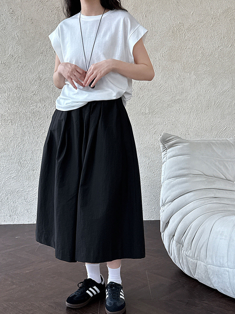Design sense casual A-shaped loose wide-leg pants summer pleated elastic waist silhouette seven-point pants