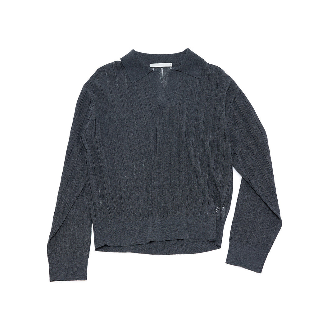 Autumn new casual cool hemp silk hole-picking polo collar thin micro-transparent knitted jumper