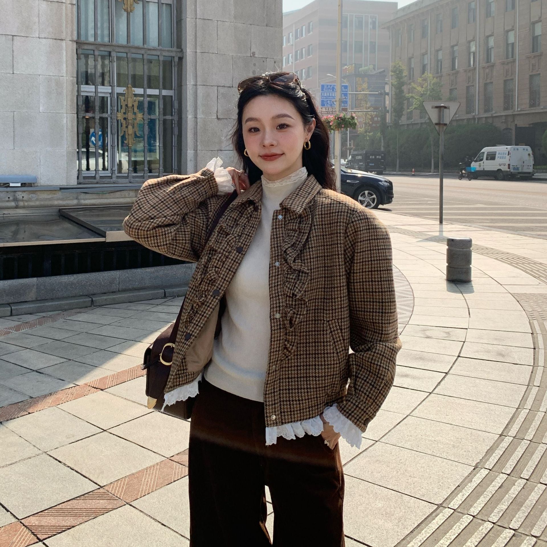 Women's Plaid Lapel Lettuce-Edge Spliced Loose Short Jacket