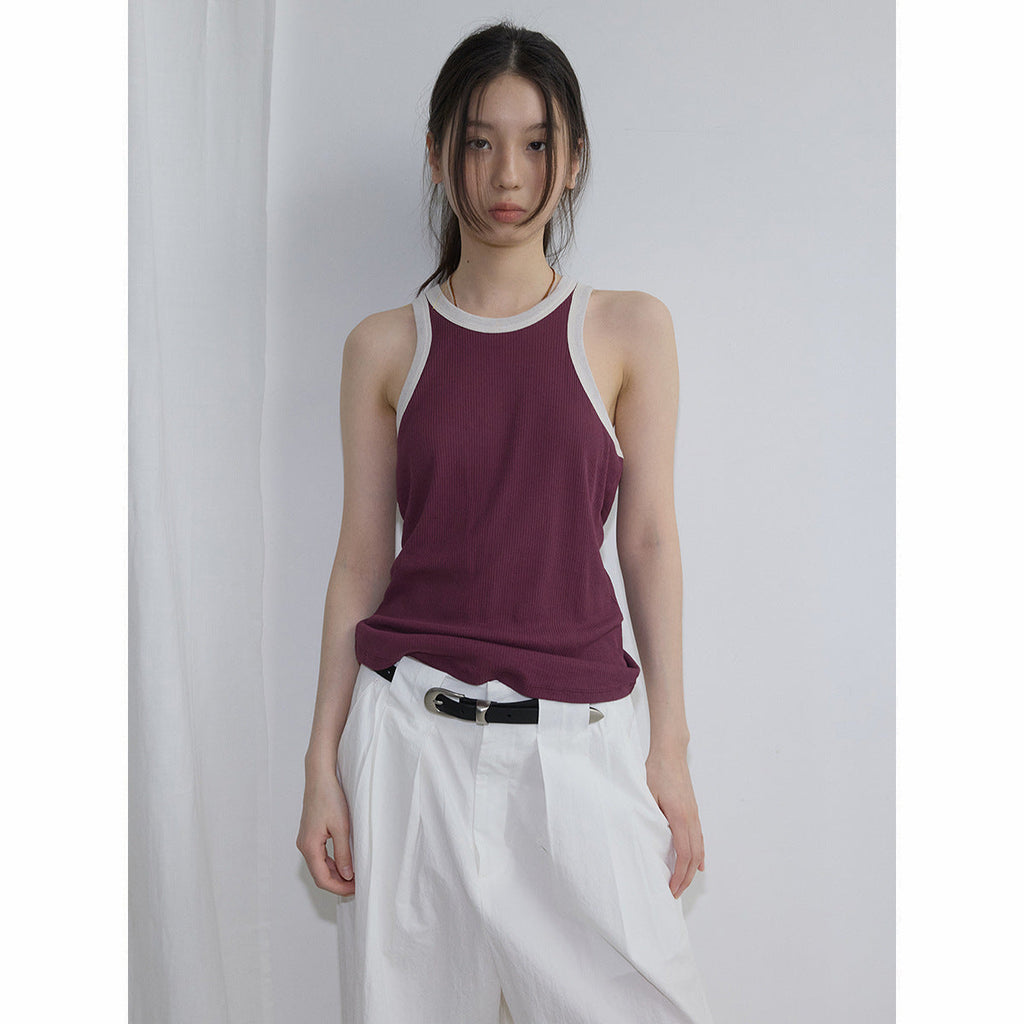Summer new casual pure cotton contrasting color round neck simple versatile dopamine pit strip vest