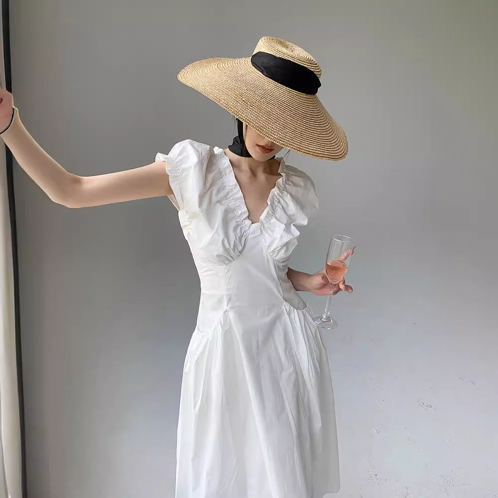 Summer coffee break French v-neck bubble sleeve dress women's summer high-end waist niche a-word long dress