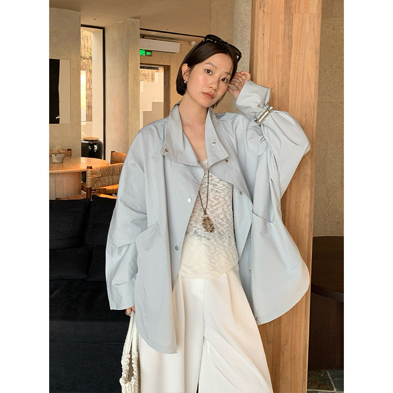 Tencel cotton stand-up collar trench coat