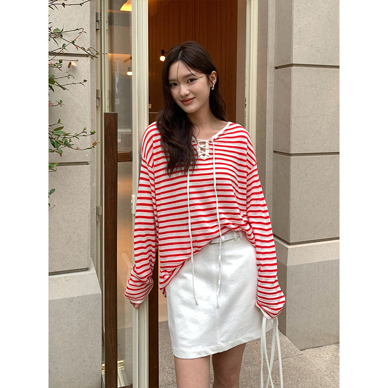 Korean striped contrasting knitted blouse