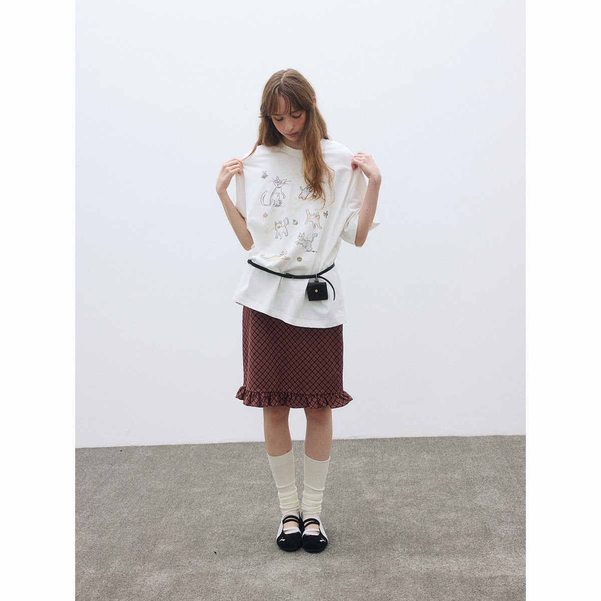 Autumn new casual high-waisted retro plaid ruffle edge relaxed five-point skirt