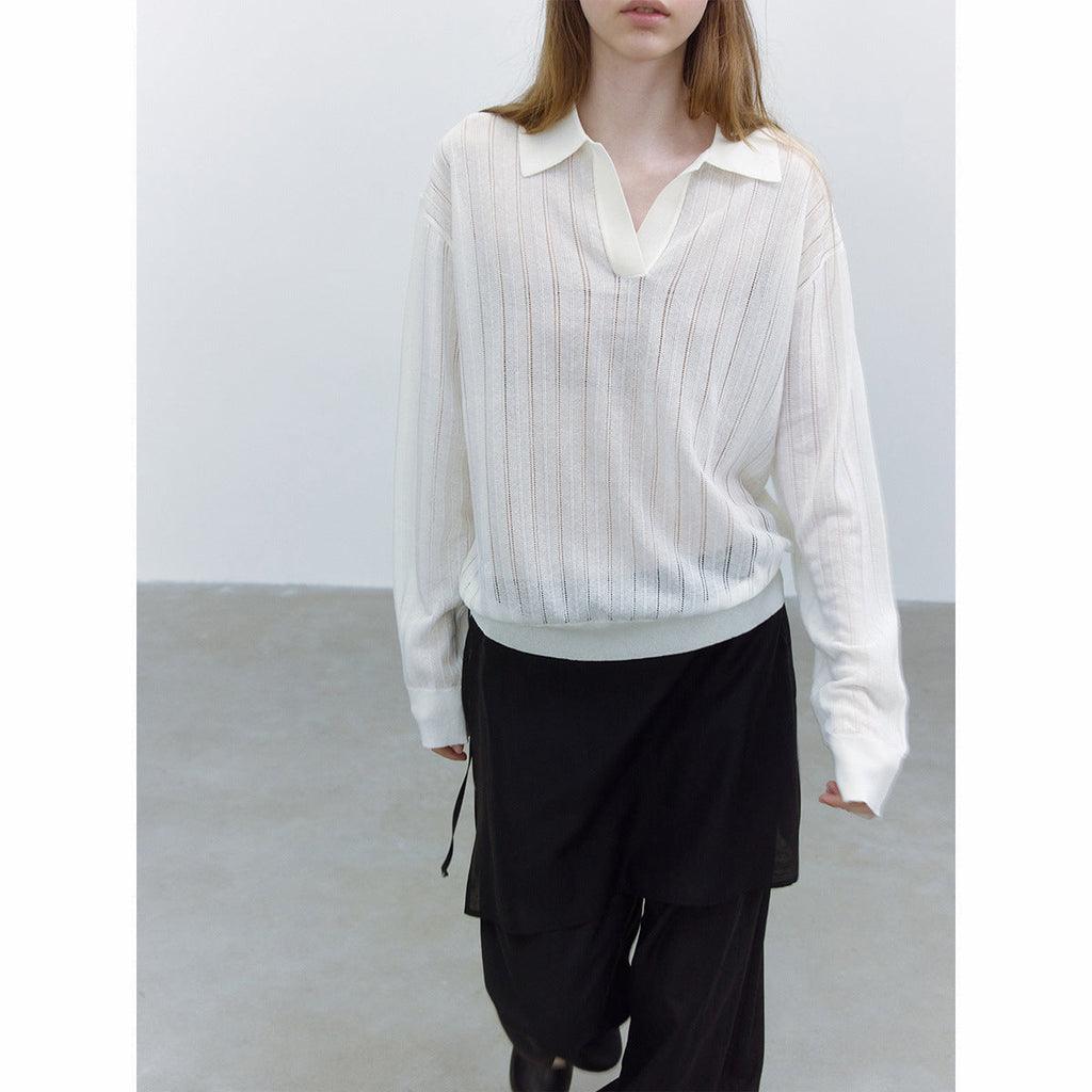 Autumn new casual cool hemp silk hole-picking polo collar thin micro-transparent knitted jumper